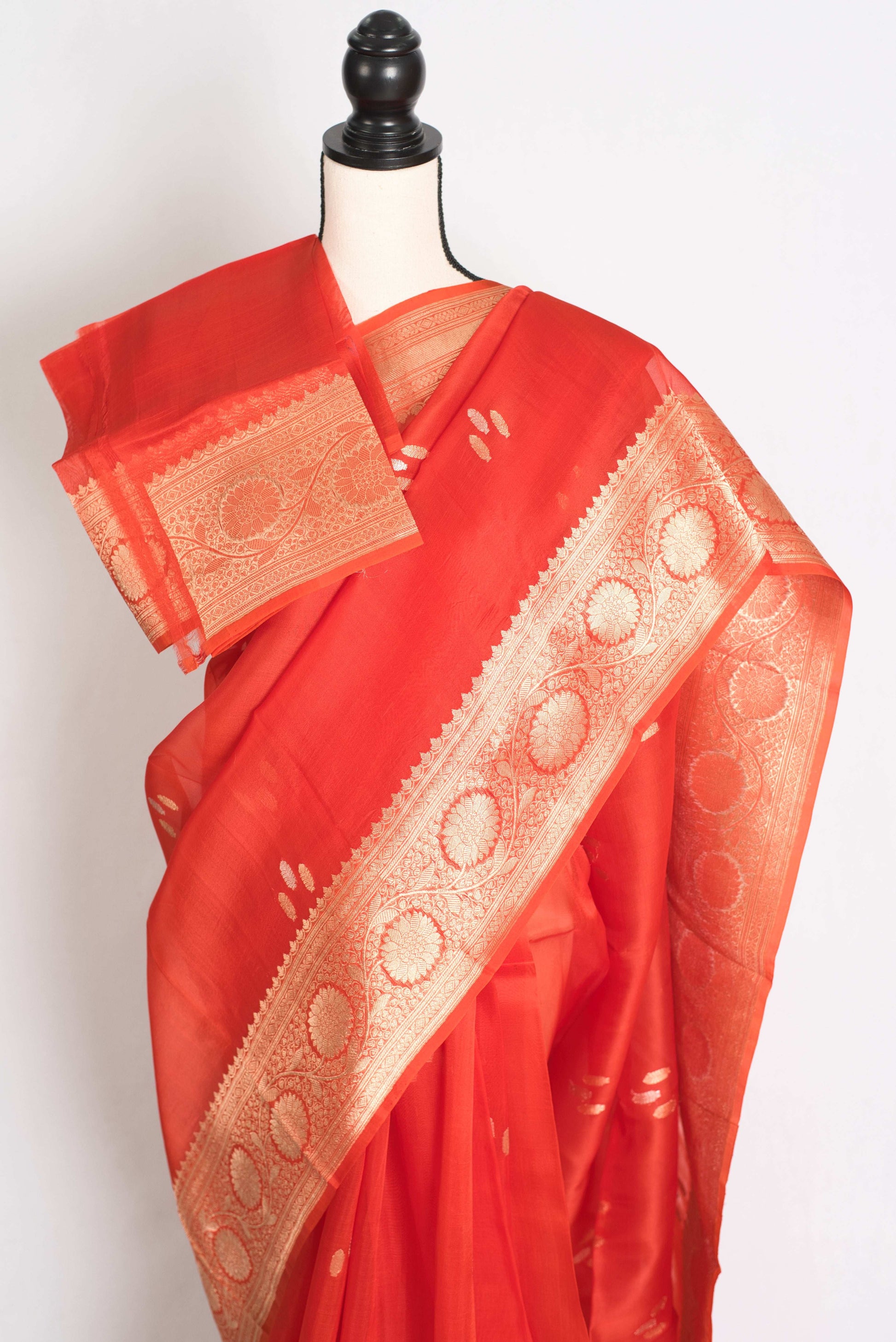 Ila : Silk Mark Certified Reddish Orange Organza Banarasi Saree with Golden Zari image 2