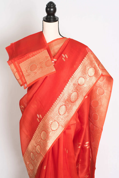 Ila : Silk Mark Certified Reddish Orange Organza Banarasi Saree with Golden Zari image 2