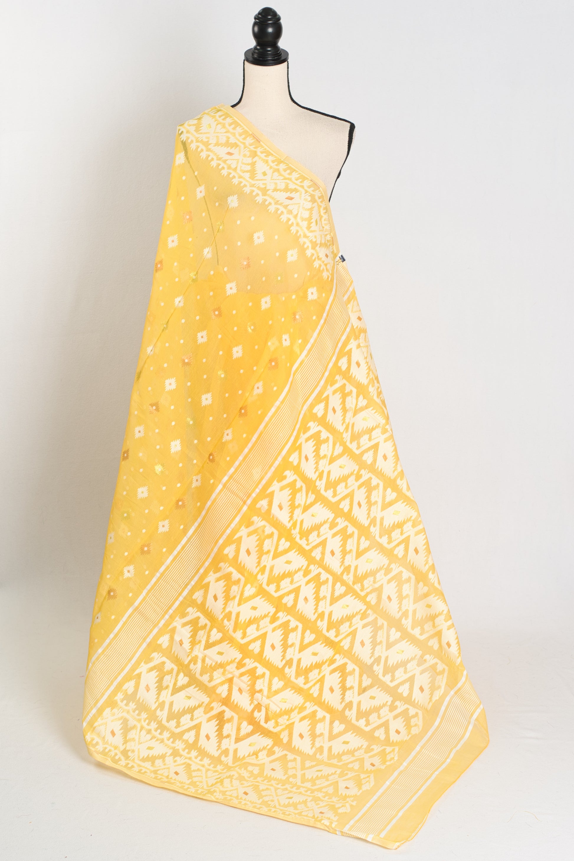 Giri : Soft Yellow and White Blended Soft Cotton Jamdani Bengali Saree image 1
