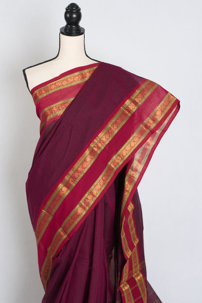 Kalyani : Handwoven Kanchi Cotton Saree in Maroonish Purple image 3