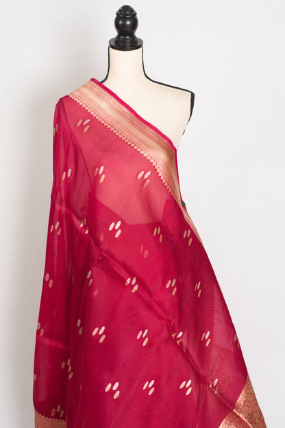 Noor : Silk Mark Certified Reddish Pinkish Red Organza Banarasi Saree with Gold image 5