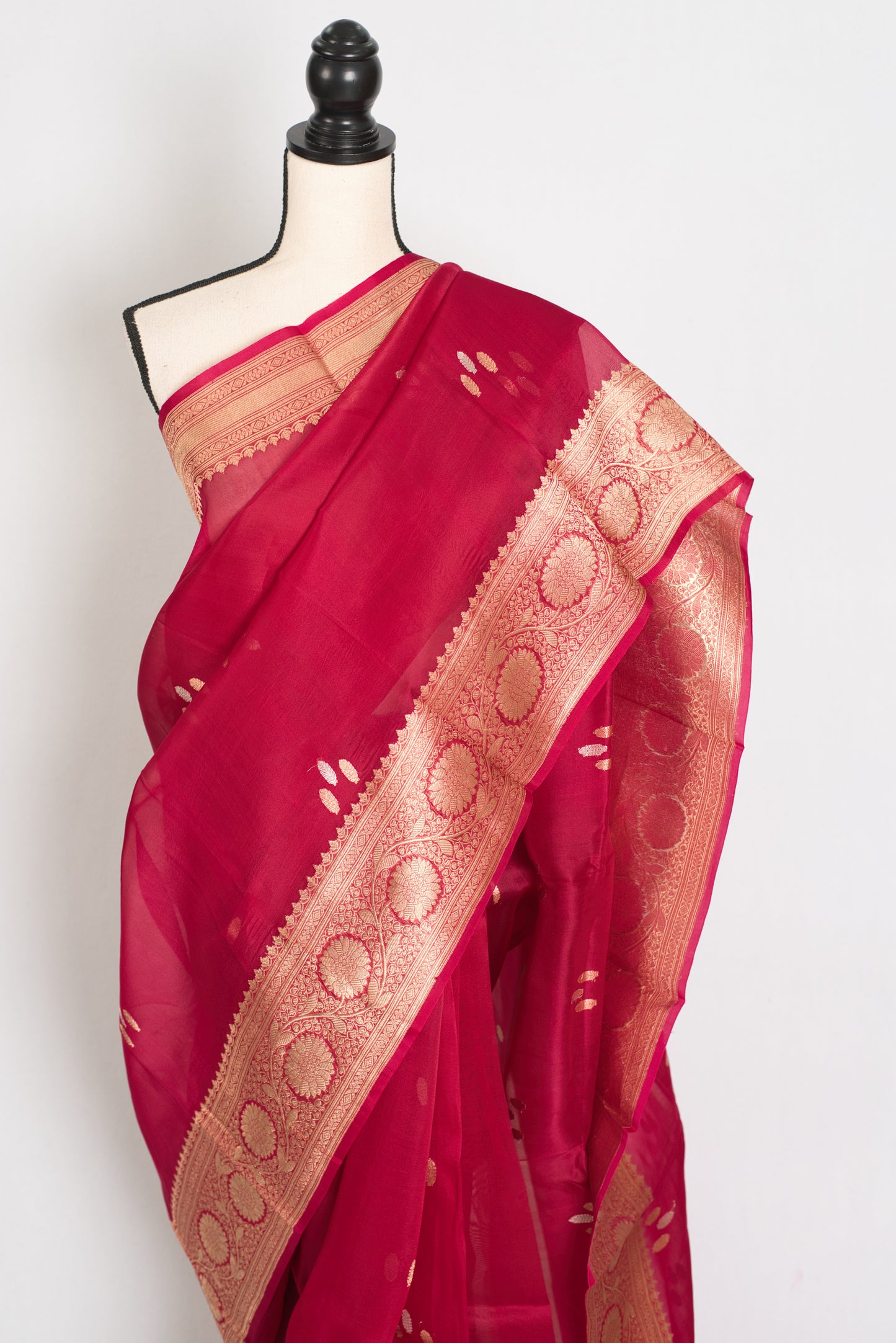 Noor : Silk Mark Certified Reddish Pinkish Red Organza Banarasi Saree with Gold image 7