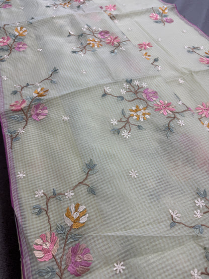 Ragini | Sea Green & Pink Floral Embroidery Blended Cotton Kota Saree image 4