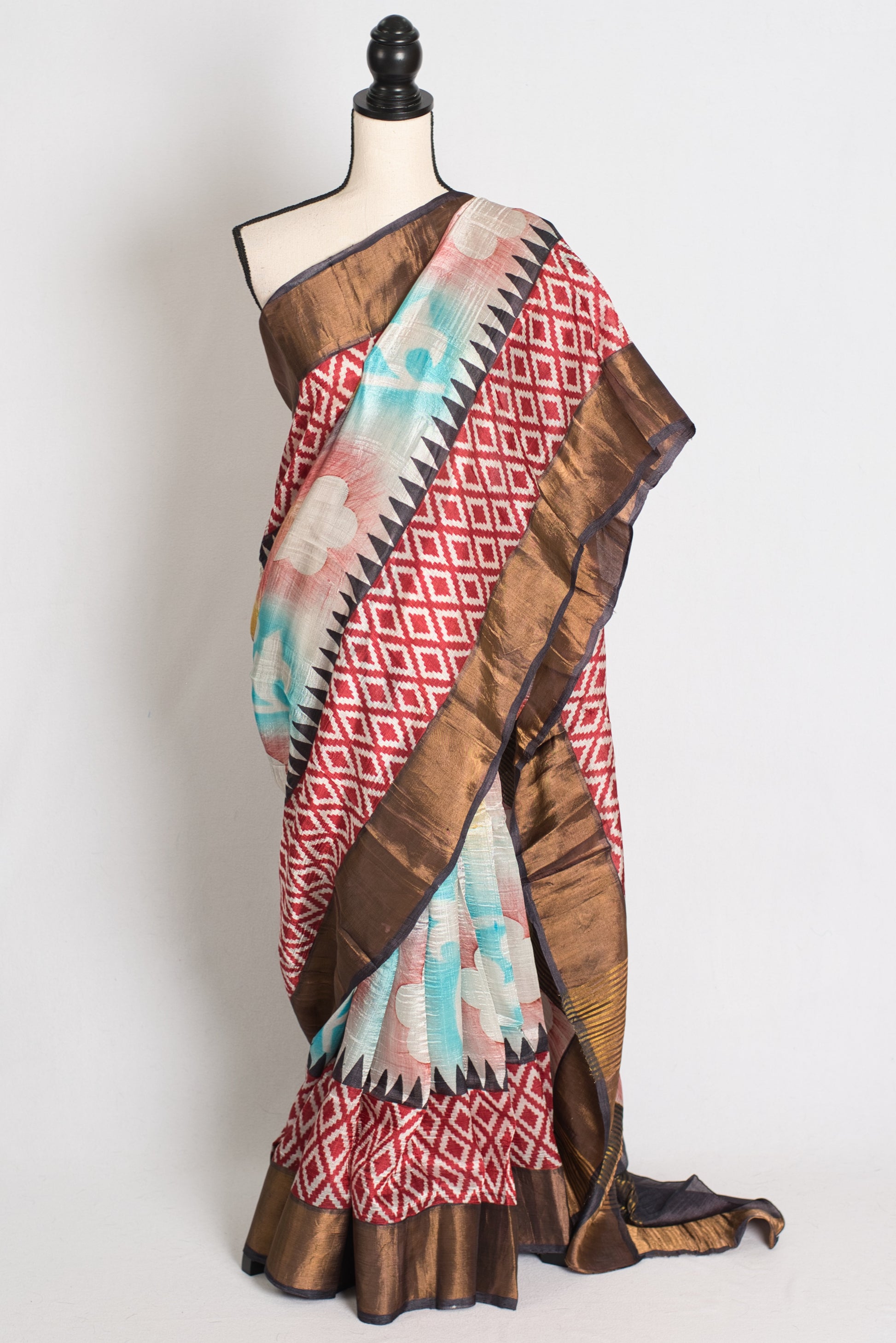 Mrinal : Hand Block Printed Matka by Tussar Silk Saree with Shibori Ikkat Print image 0