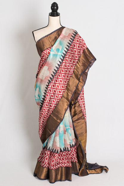 Mrinal : Hand Block Printed Matka by Tussar Silk Saree with Shibori Ikkat Print image 0