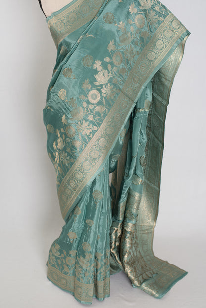 Harini: Grey-Green Semi Crepe Silk Banarasi Saree | Elegant Festive Drape image 5