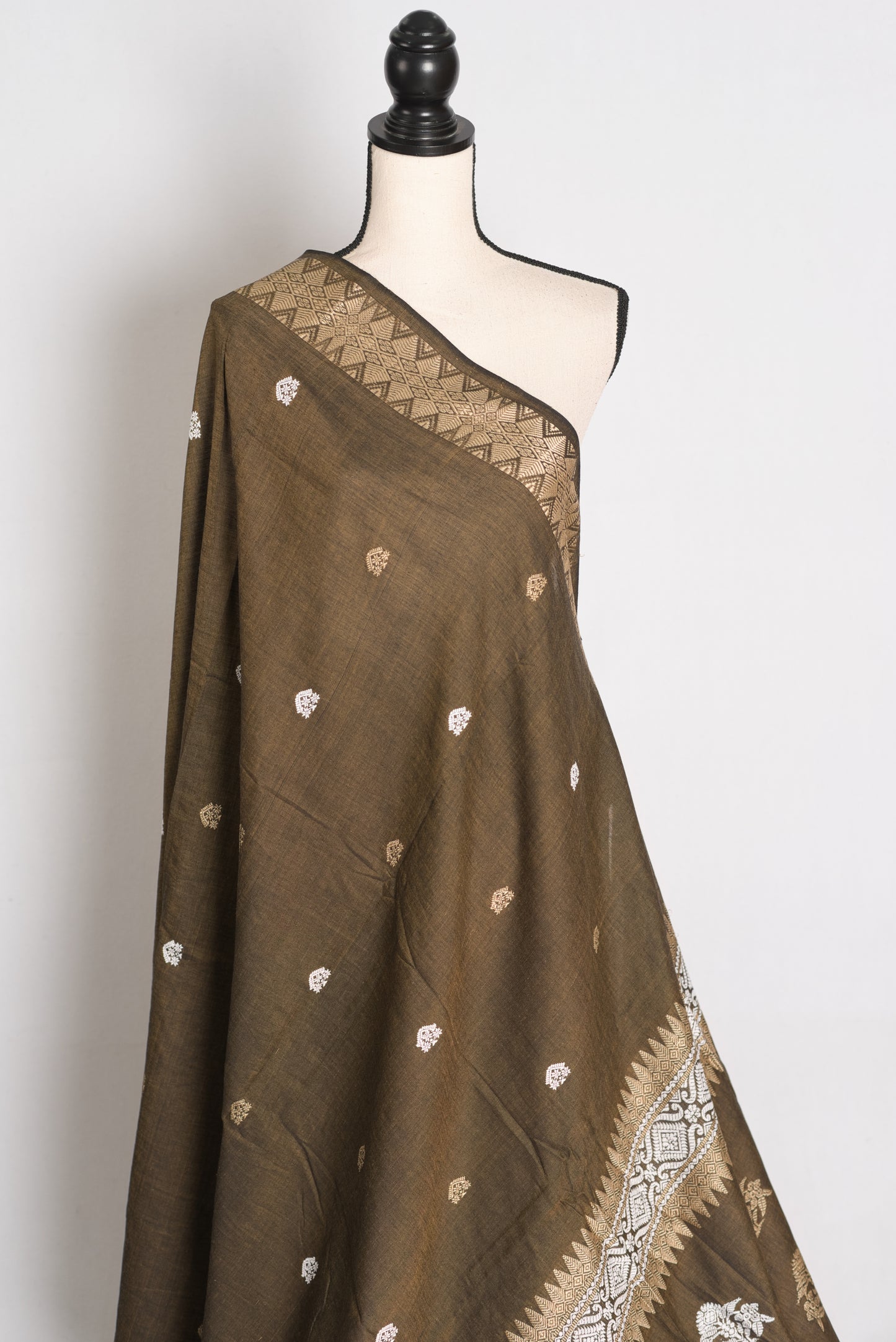 Mala : Snuff Brown Pure Cotton Assamese Handloom Saree image 4