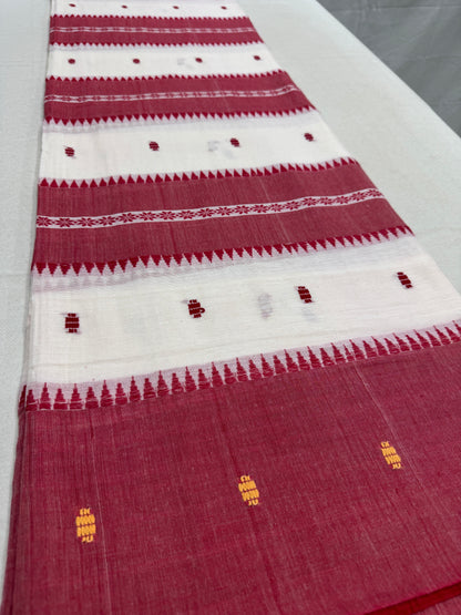 Sohini : White and Red Horizontal Stripes Dhaniakhali Soft Cotton Saree image 2