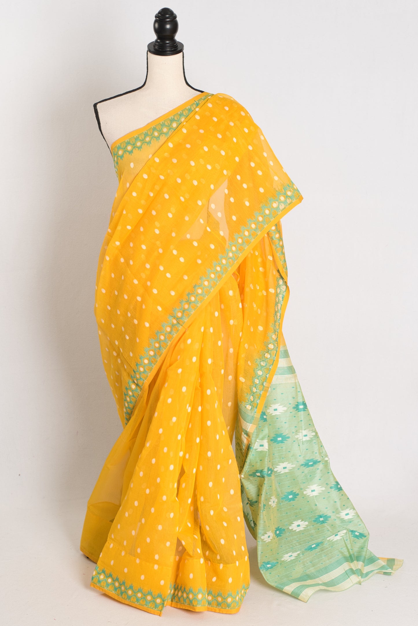Gayetri : Yellow and Green Blended Soft Cotton Jamdani Bengali Saree image 0