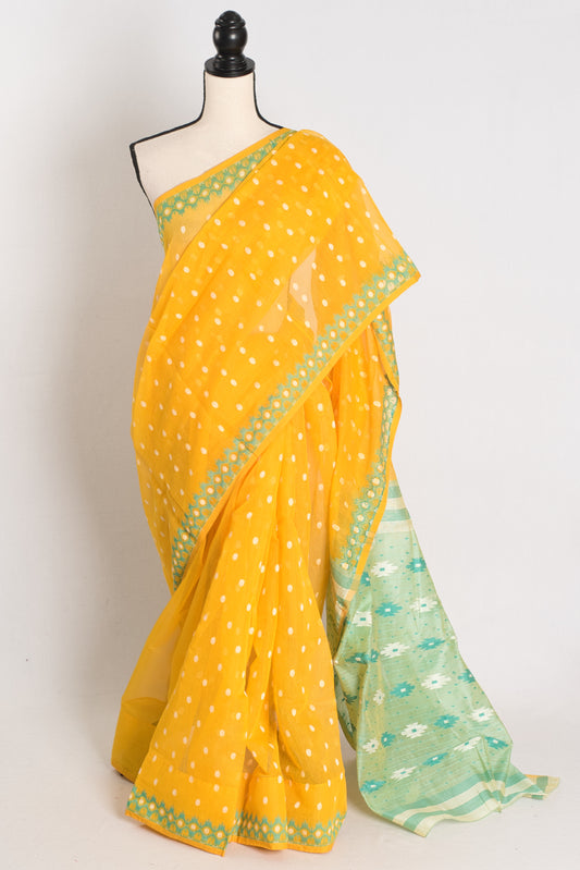 Gayetri : Yellow and Green Blended Soft Cotton Jamdani Bengali Saree image 0