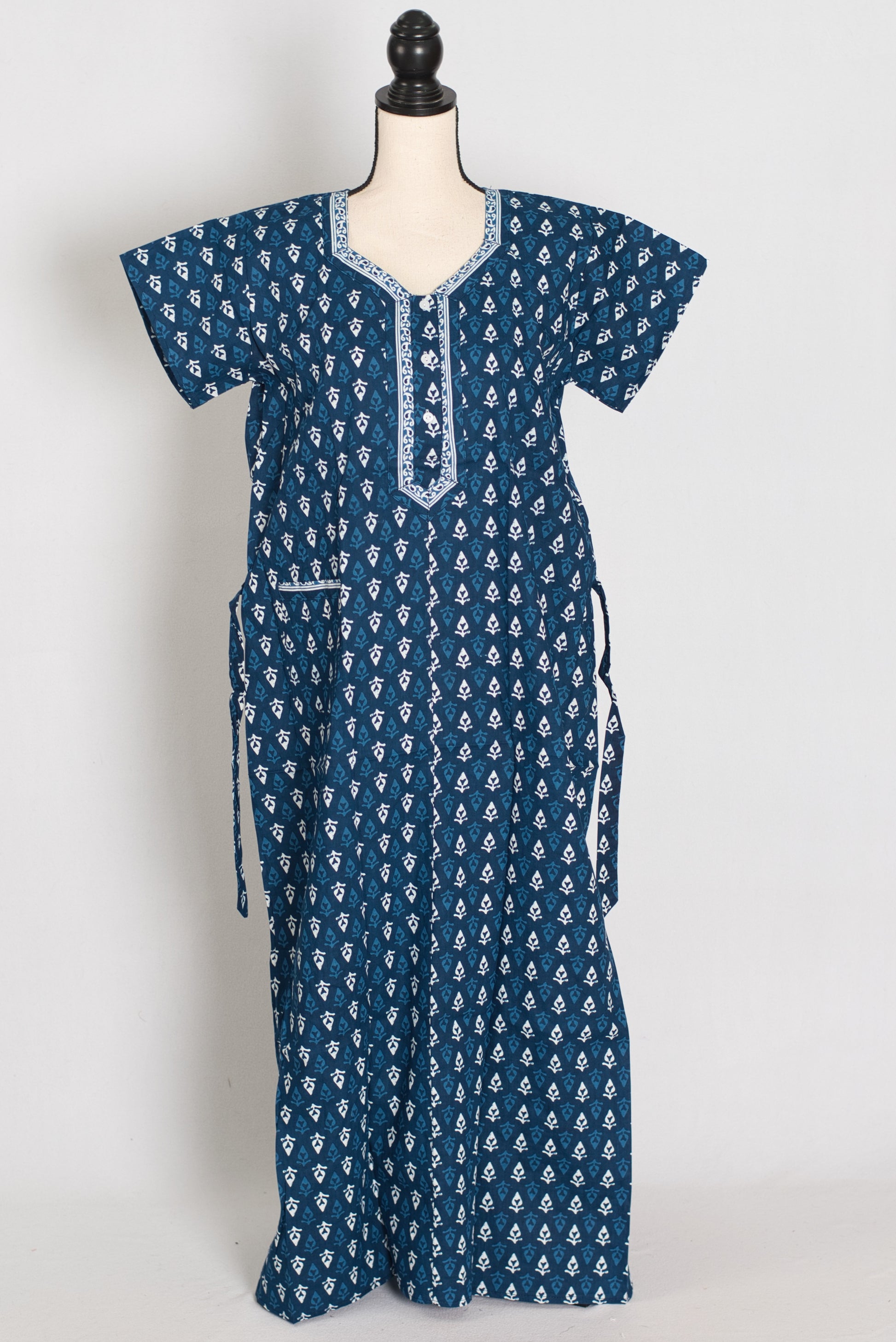 Indigo Blue Leaf Block Print Pure Cotton Indian Nightgown image 1