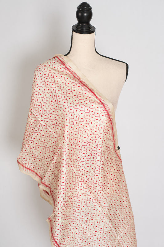 Dhriti | Hand Embroidered Kantha Pure Tussar Silk Stole in Beige & Red image 0