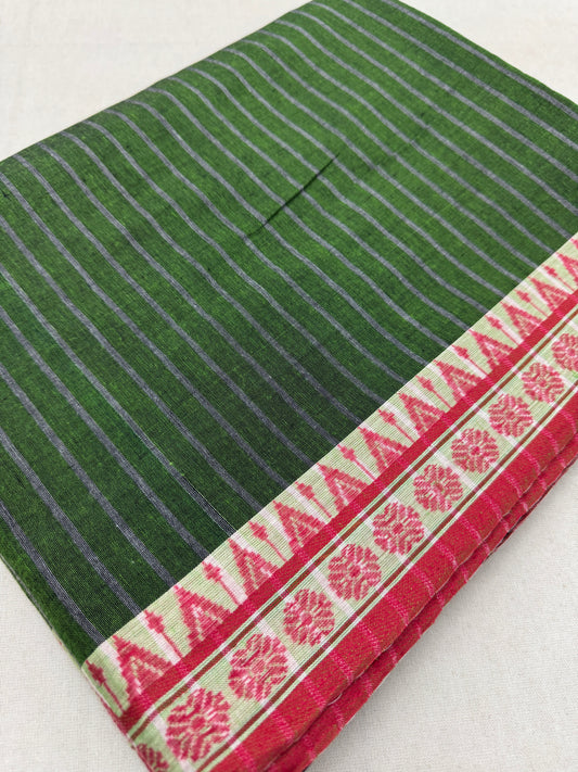 Bina : Heena Green Red Soft Cotton Dhaniakhali Saree image 0