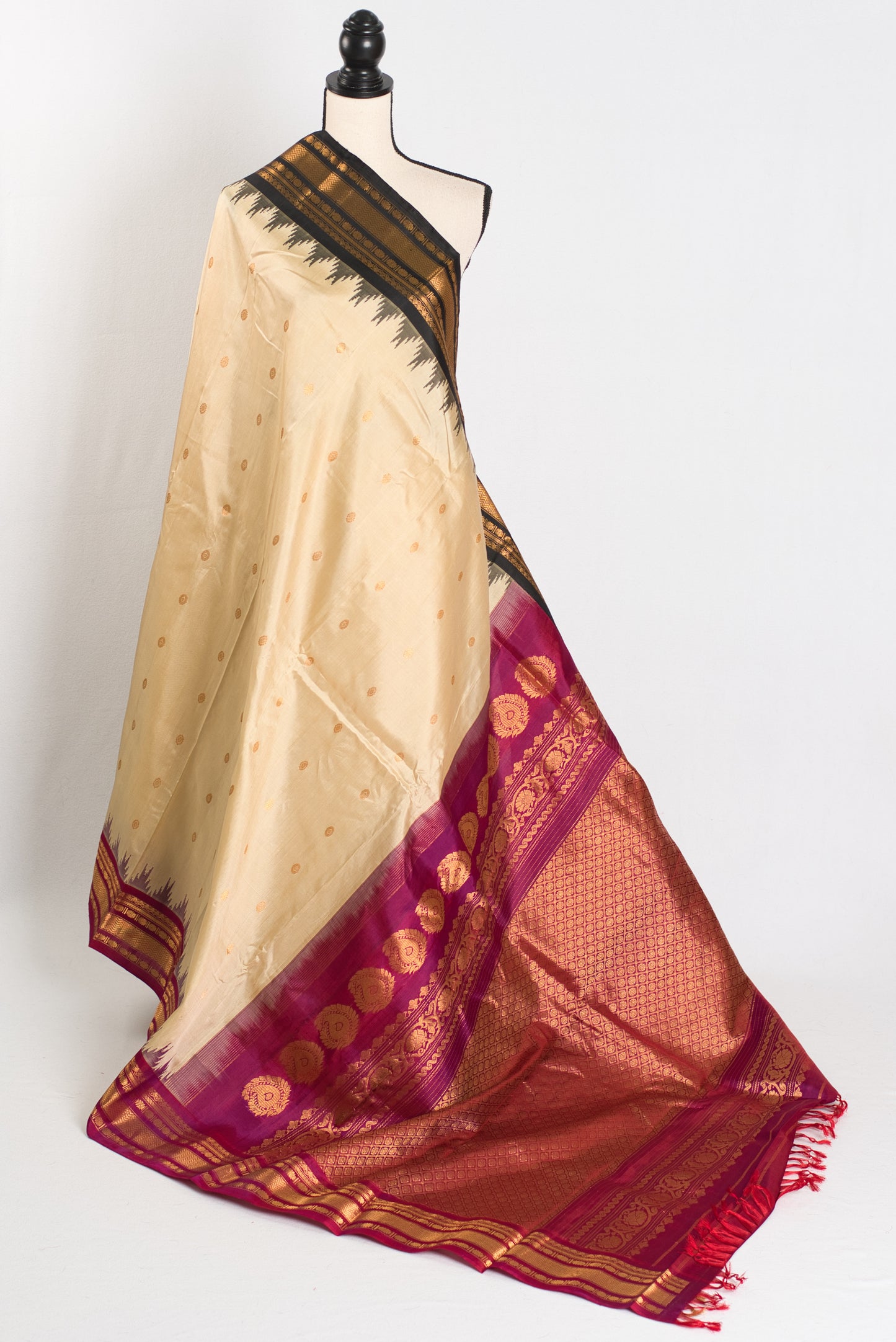 Meera : Ganga Jamuna Border Gadwal Silk Saree in Beige with Purple and Black image 1