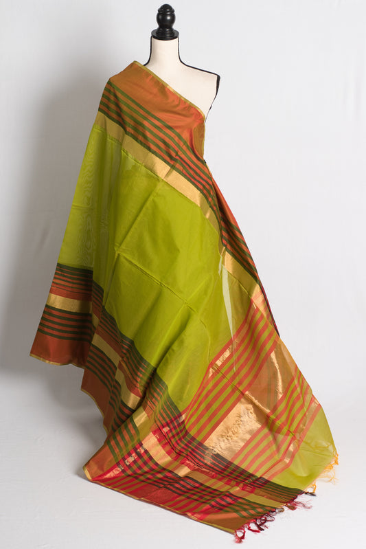 Cotton SIlk Maheshwari Saree in Green, Red and Black image 1