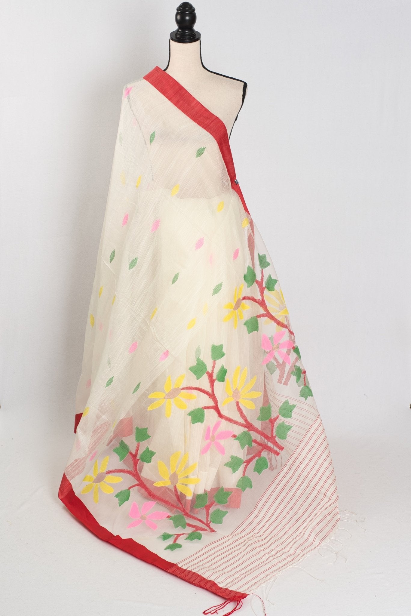 Balaka: White & Red Bengal Linen - Cotton Saree | Traditional Lal - Par Saree - Saree Mandi