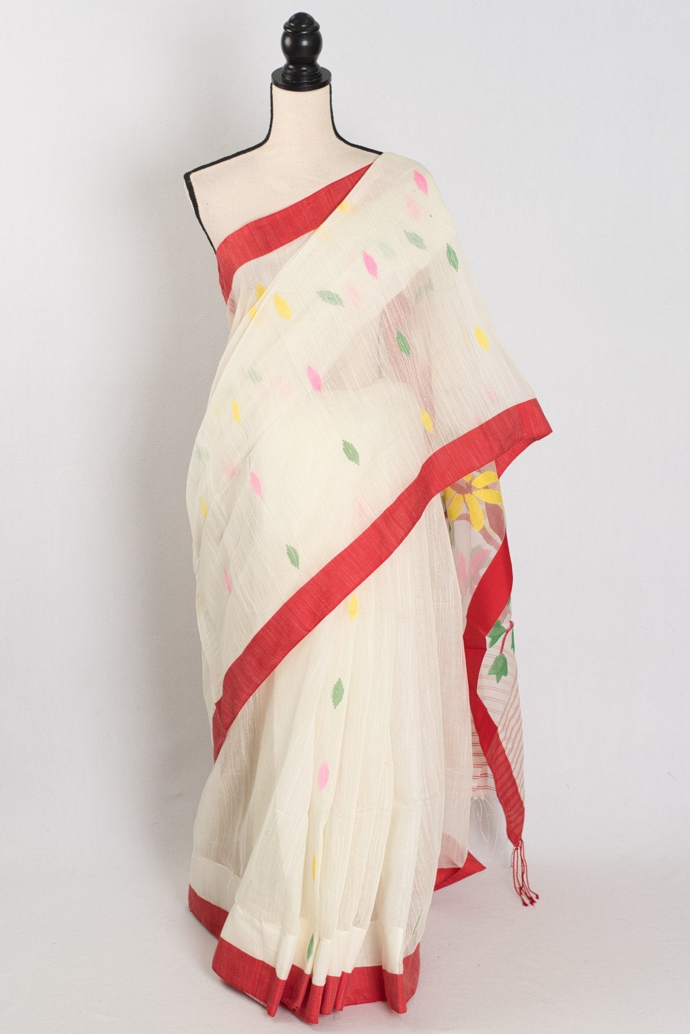 Balaka: White & Red Bengal Linen - Cotton Saree | Traditional Lal - Par Saree - Saree Mandi