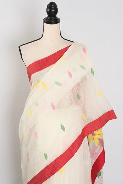 Balaka: White & Red Bengal Linen - Cotton Saree | Traditional Lal - Par Saree - Saree Mandi