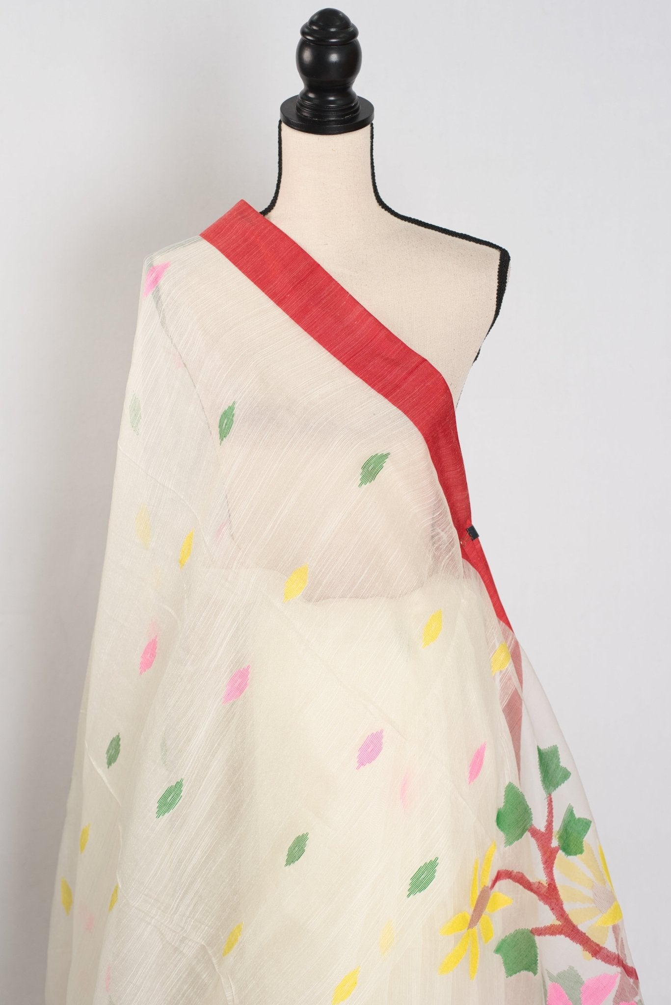 Balaka: White & Red Bengal Linen - Cotton Saree | Traditional Lal - Par Saree - Saree Mandi