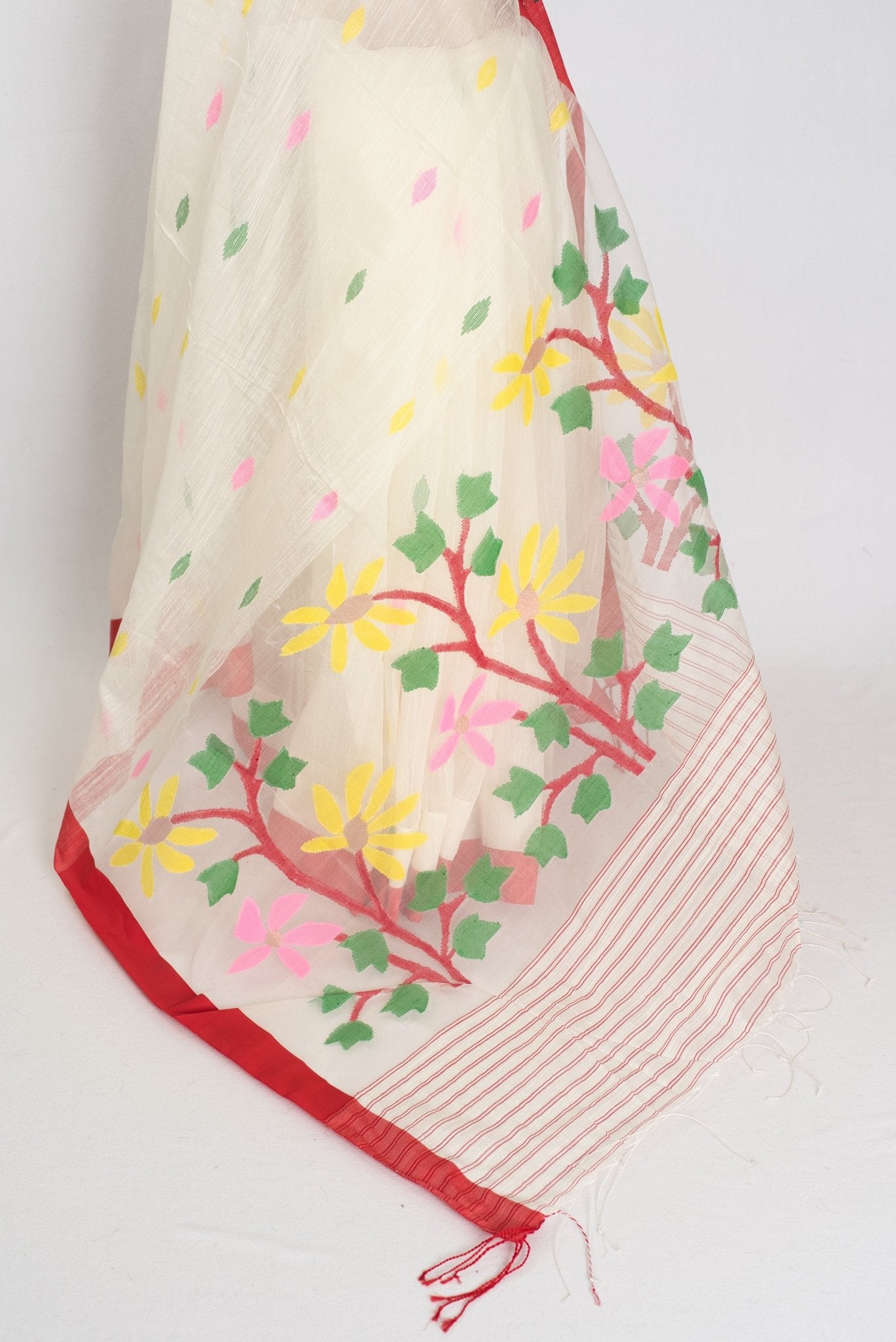 Balaka: White & Red Bengal Linen - Cotton Saree | Traditional Lal - Par Saree - Saree Mandi