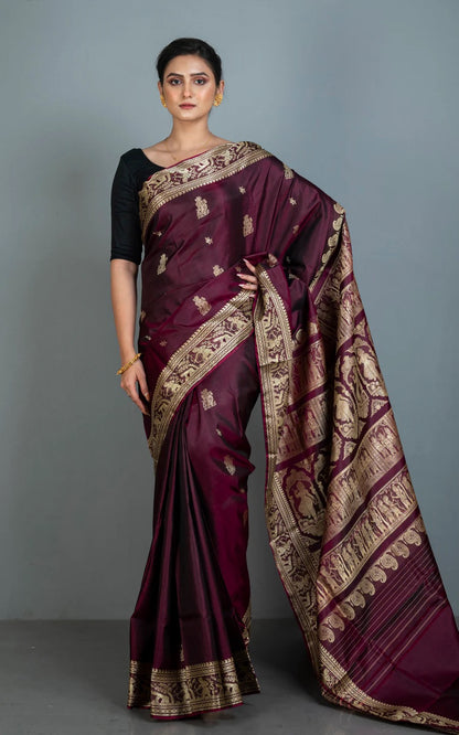 Silk Mark Certified Silk Baluchari Saree in Burgundy and Gold.