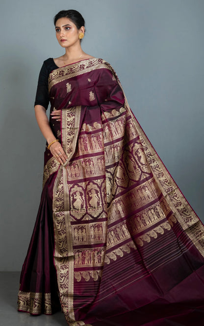 Silk Mark Certified Silk Baluchari Saree in Burgundy and Gold.