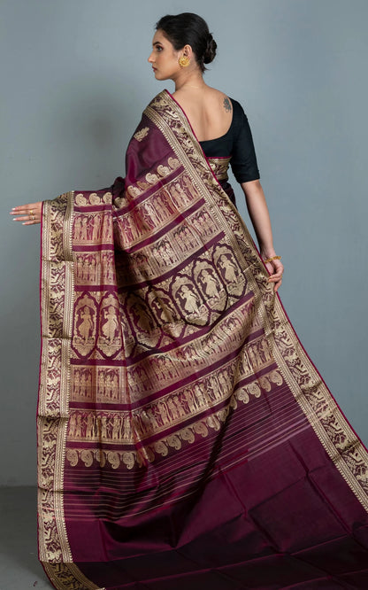 Silk Mark Certified Silk Baluchari Saree in Burgundy and Gold.