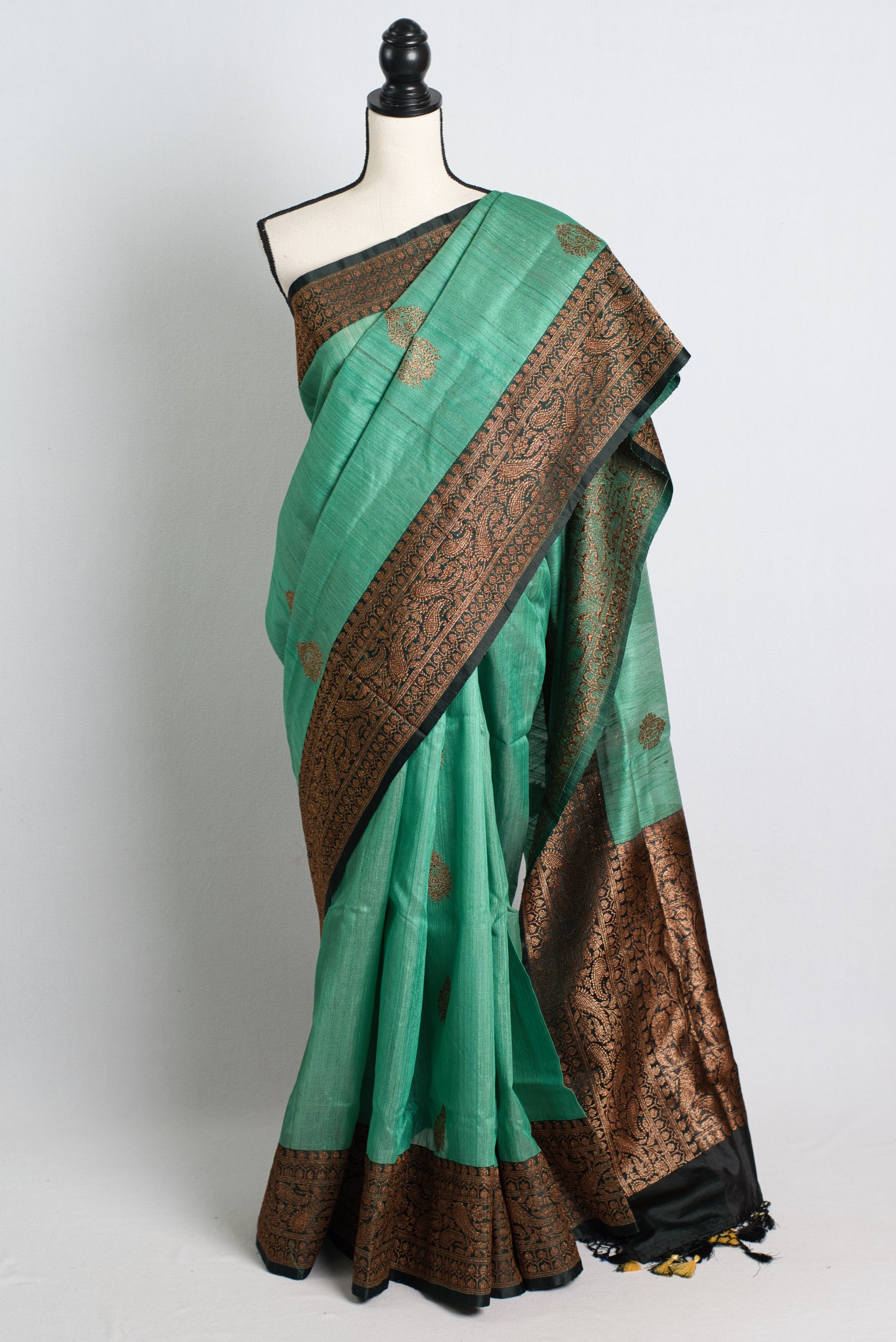 Silk Mark Certified Green Tussar Banarasi Saree with Antique Gold Zari Butt