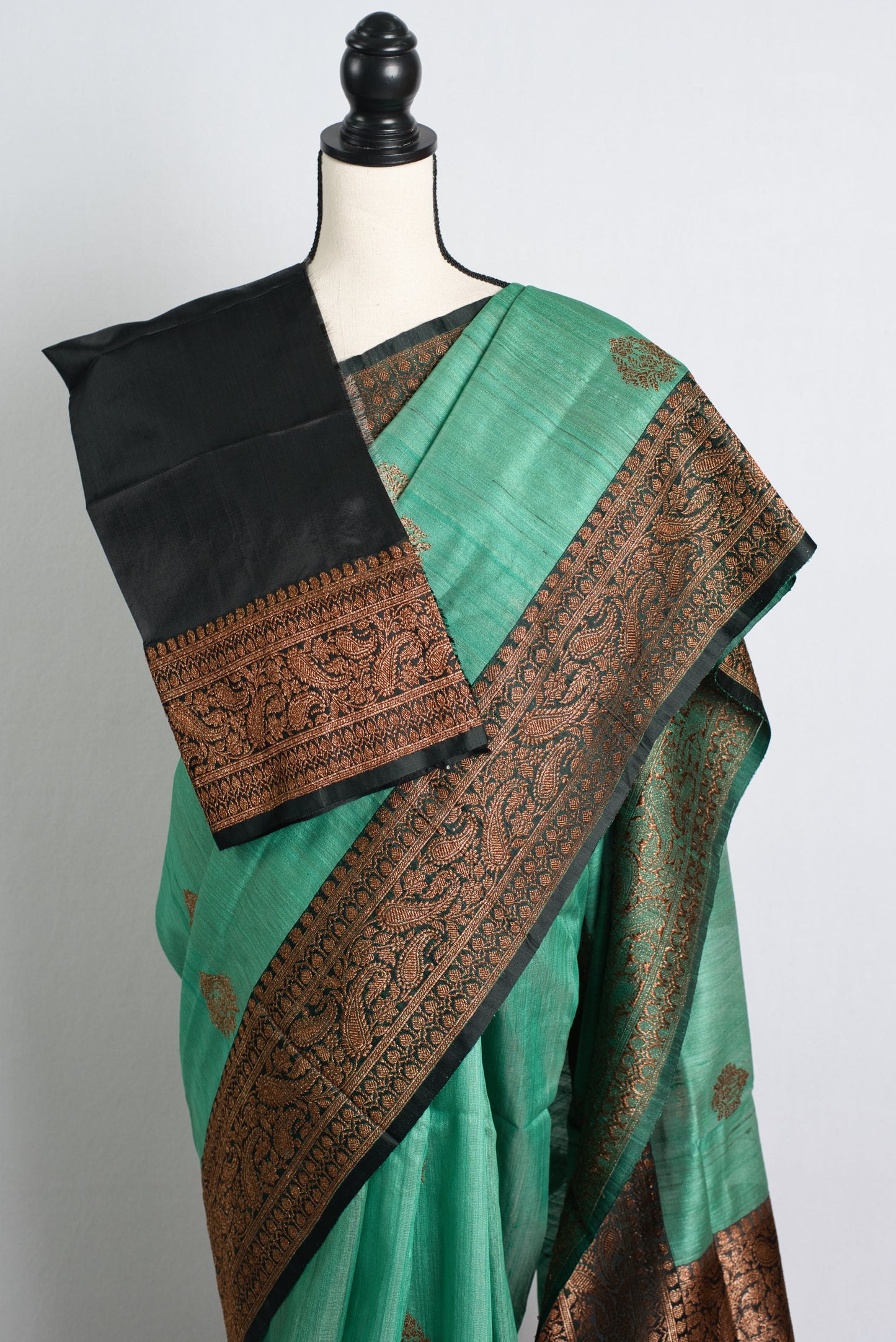 Silk Mark Certified Green Tussar Banarasi Saree with Antique Gold Zari Butt