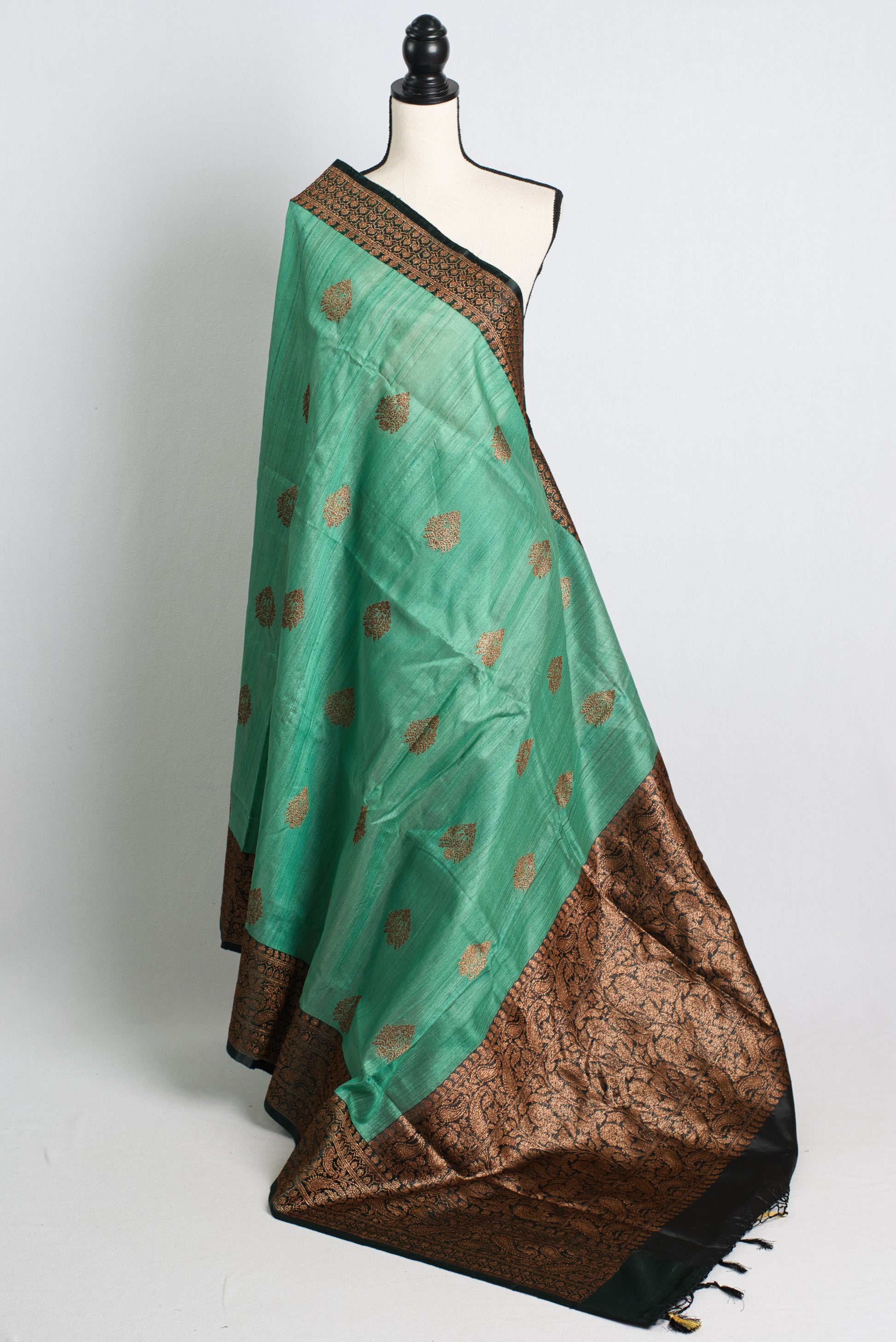 Silk Mark Certified Green Tussar Banarasi Saree with Antique Gold Zari Butt