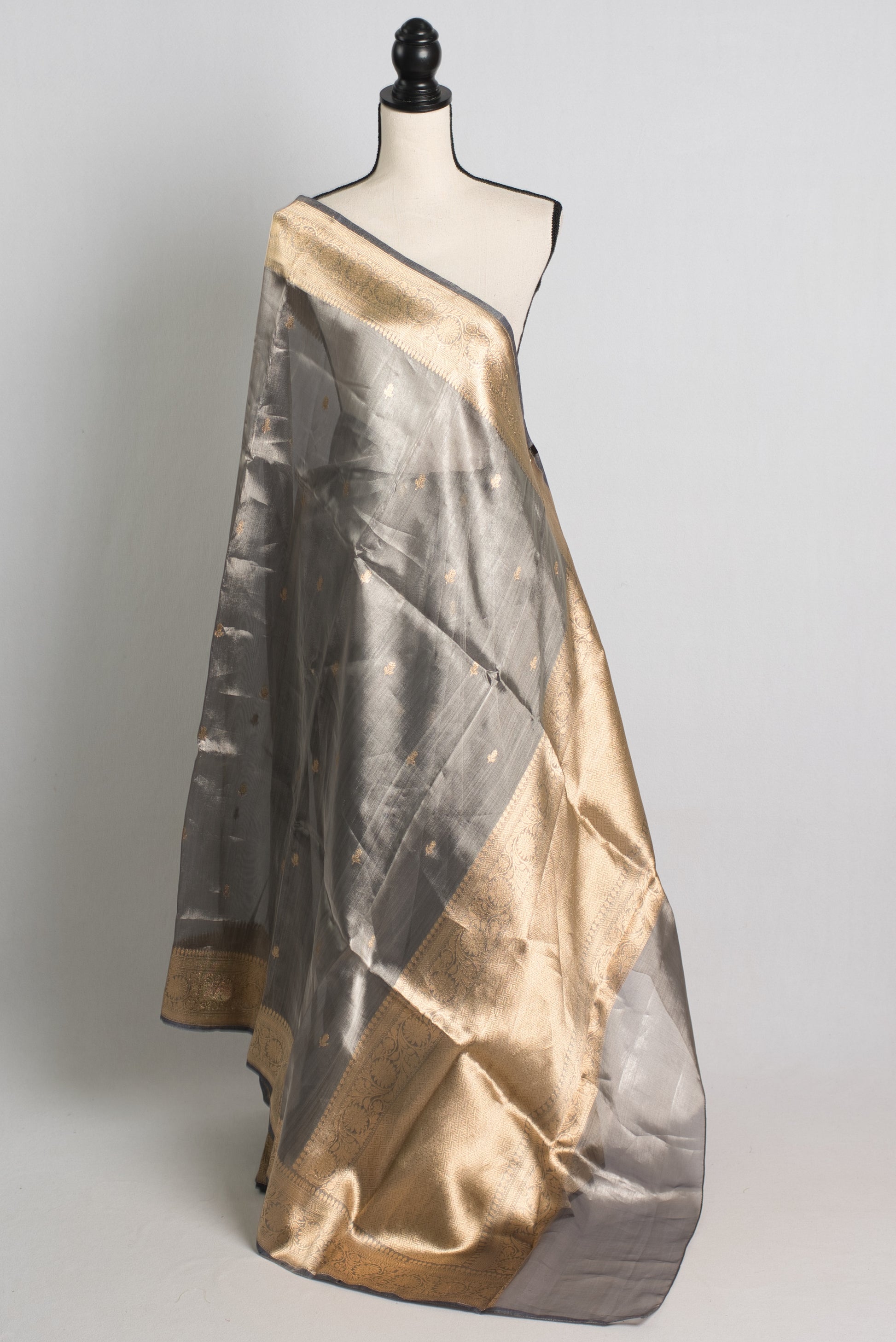 Silk Mark Certified Silver Grey Tissue Banarasi Saree 38 Size with Stitched Blouse