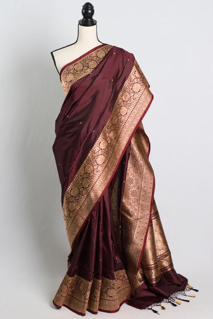 Silk Mark Certified Coffee Brown Banarasi Katan Silk Saree with Golden Zari