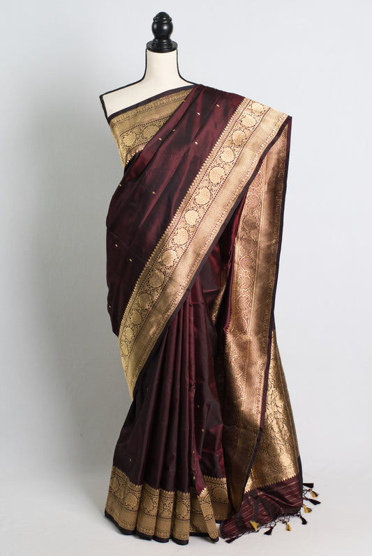 Silk Mark Certified Mashru Banarasi Silk Saree in Coffee Brown and Gold