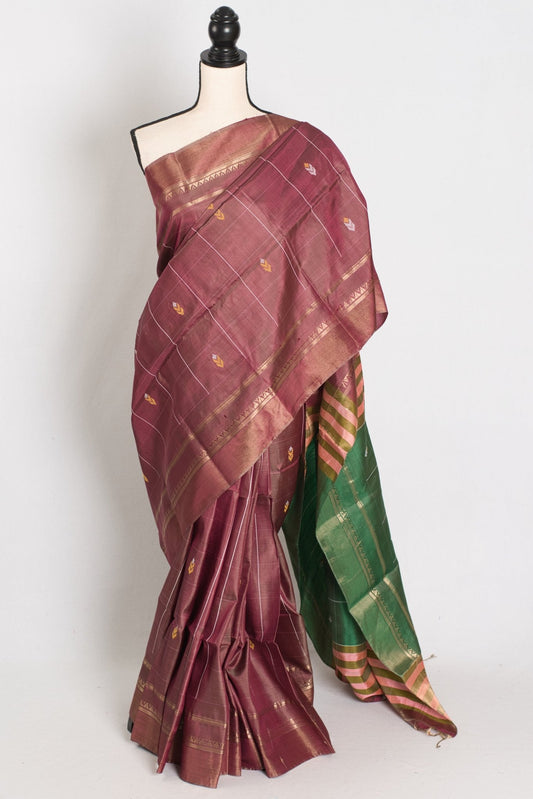Basanti : Bishnupur Katan Silk Checks Kalakshetra Saree in Brown and Green - Saree Mandi