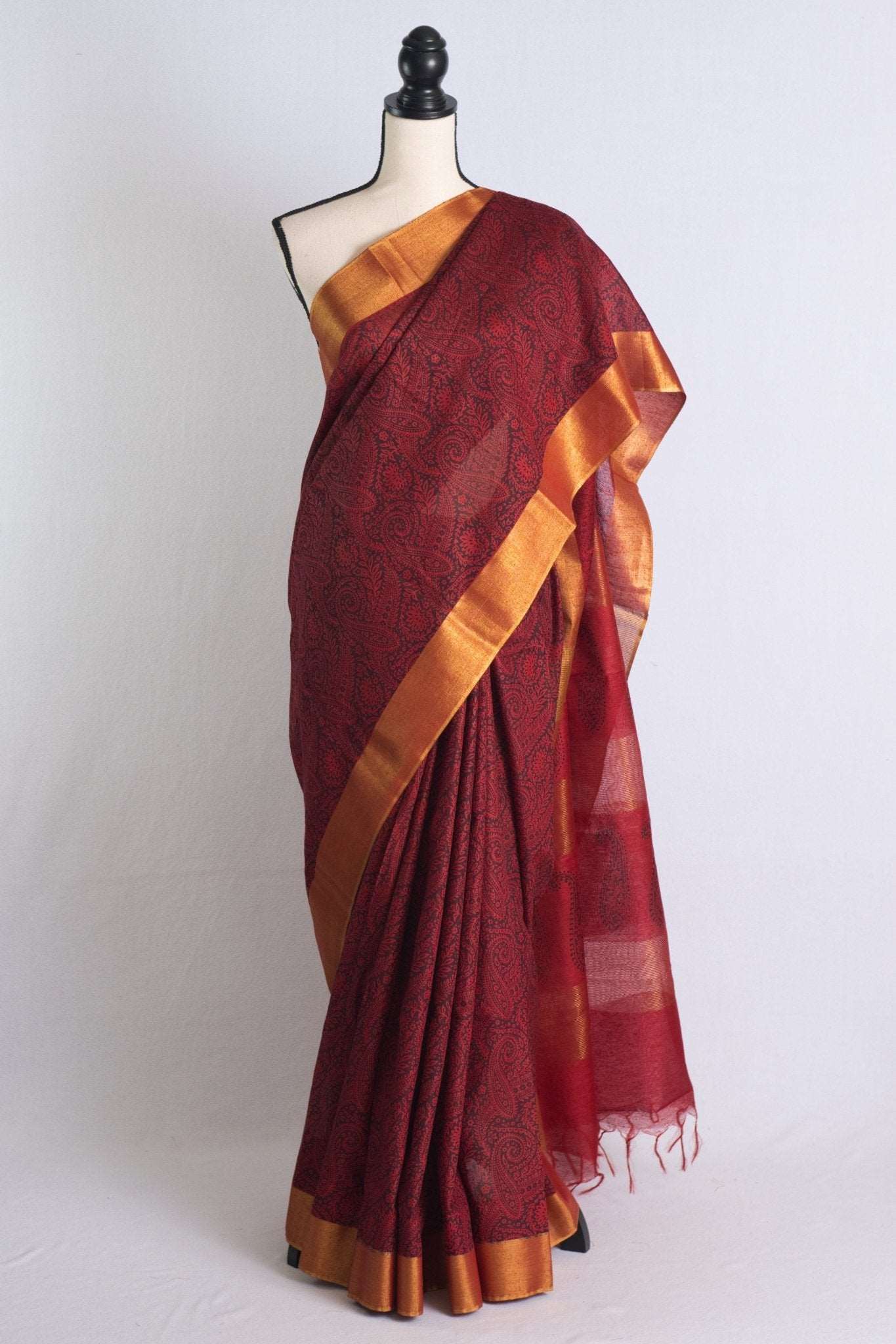 Baswara Tussar Block Printed Saree in Dark Red and Black - Saree Mandi