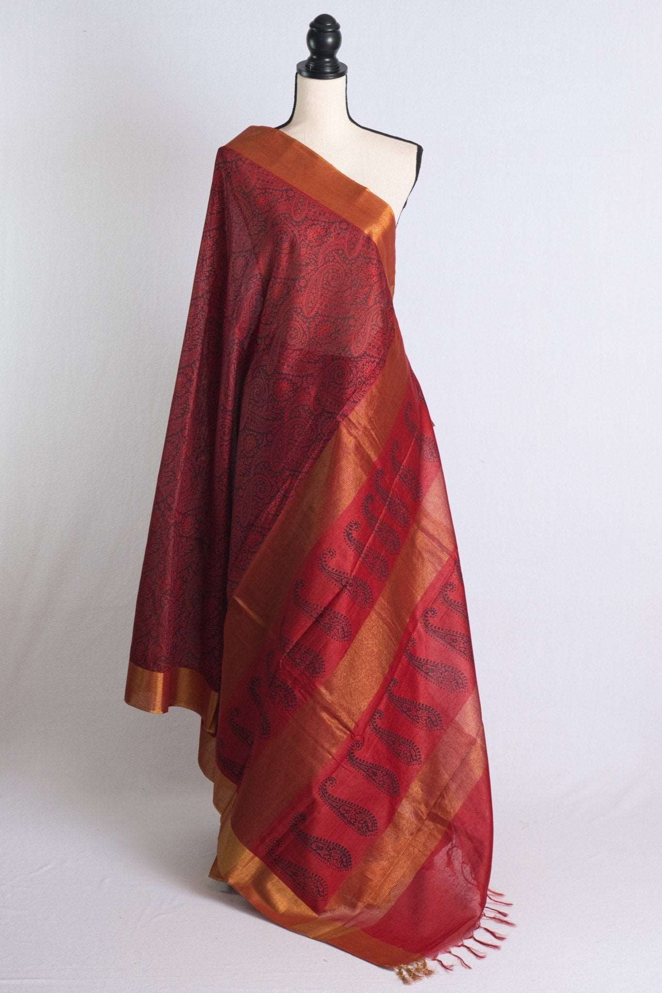 Baswara Tussar Block Printed Saree in Dark Red and Black - Saree Mandi