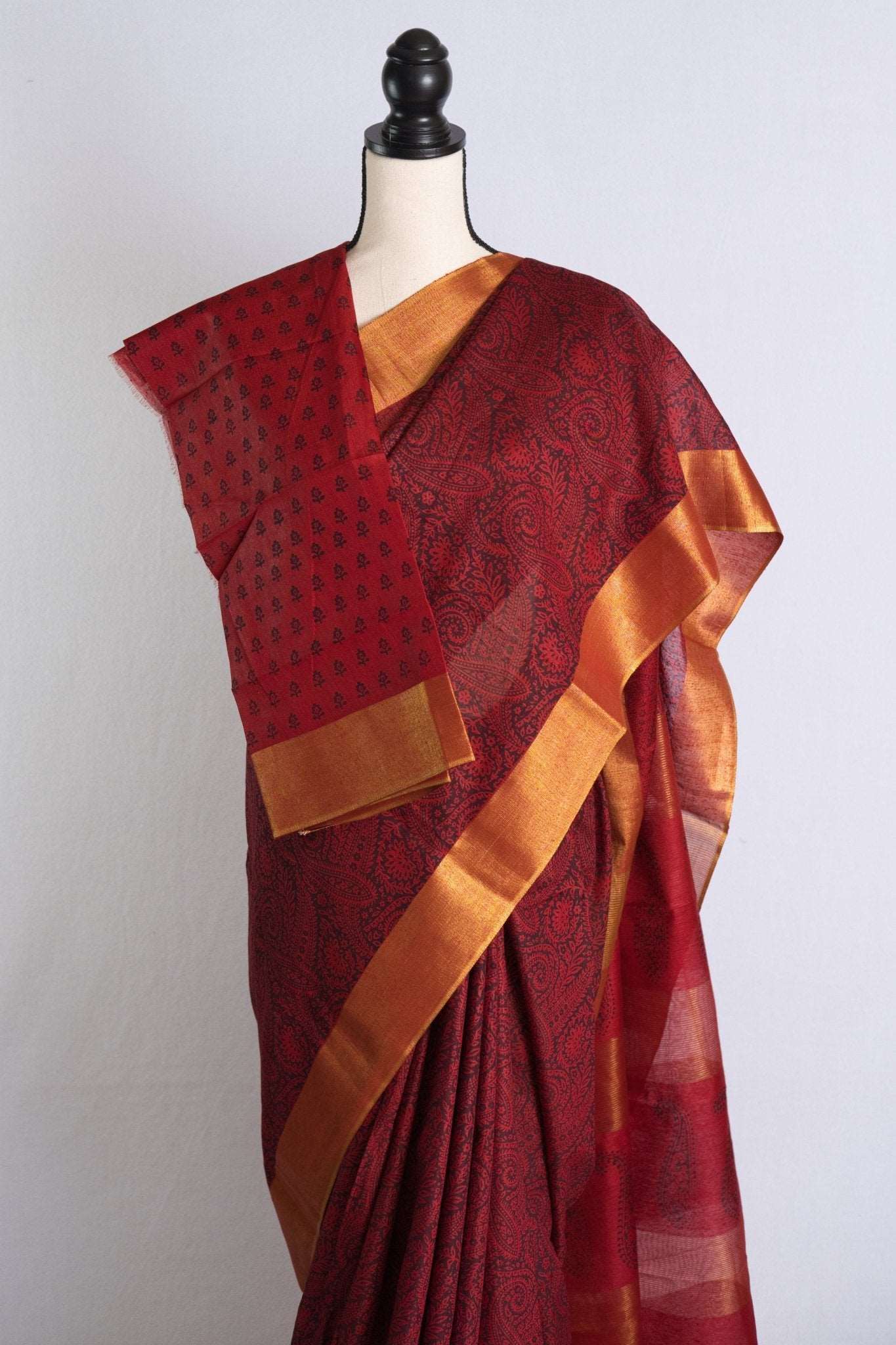 Baswara Tussar Block Printed Saree in Dark Red and Black - Saree Mandi