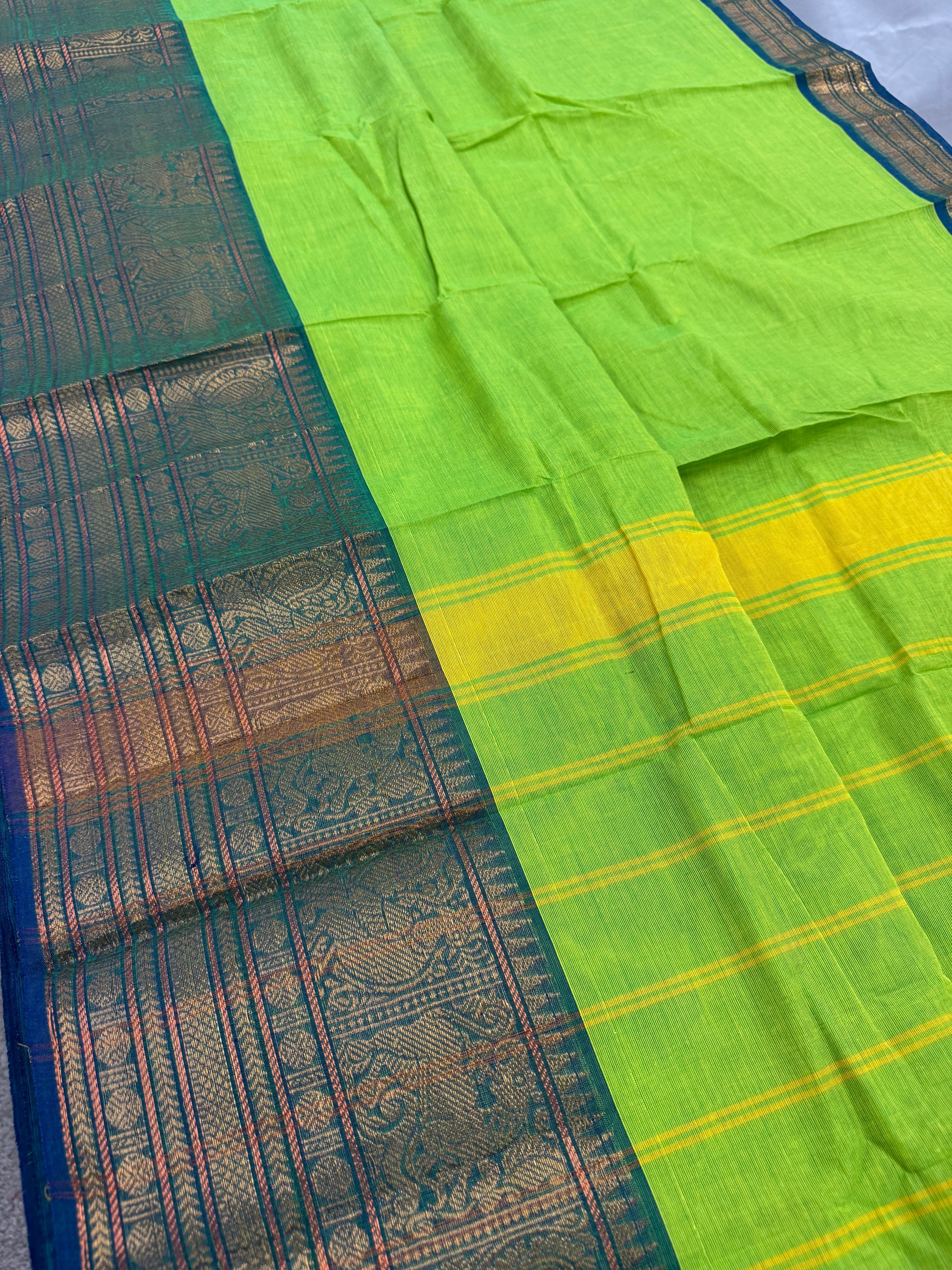 Nalini : Handwoven Kanchi Cotton Saree in Bright Green and Blue image 0