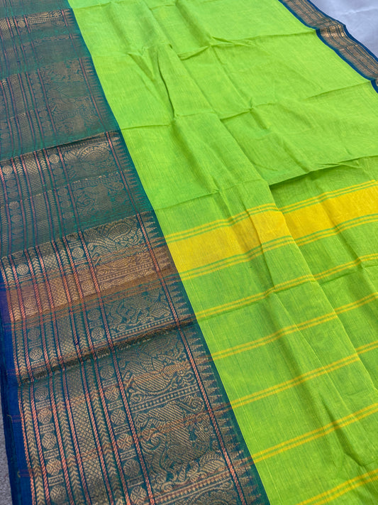 Nalini : Handwoven Kanchi Cotton Saree in Bright Green and Blue image 0