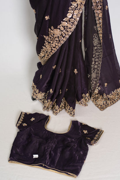Priya | Deep Purple Tissue Saree | Stitched Size 38 Blouse (Adjustable to 40) image 1