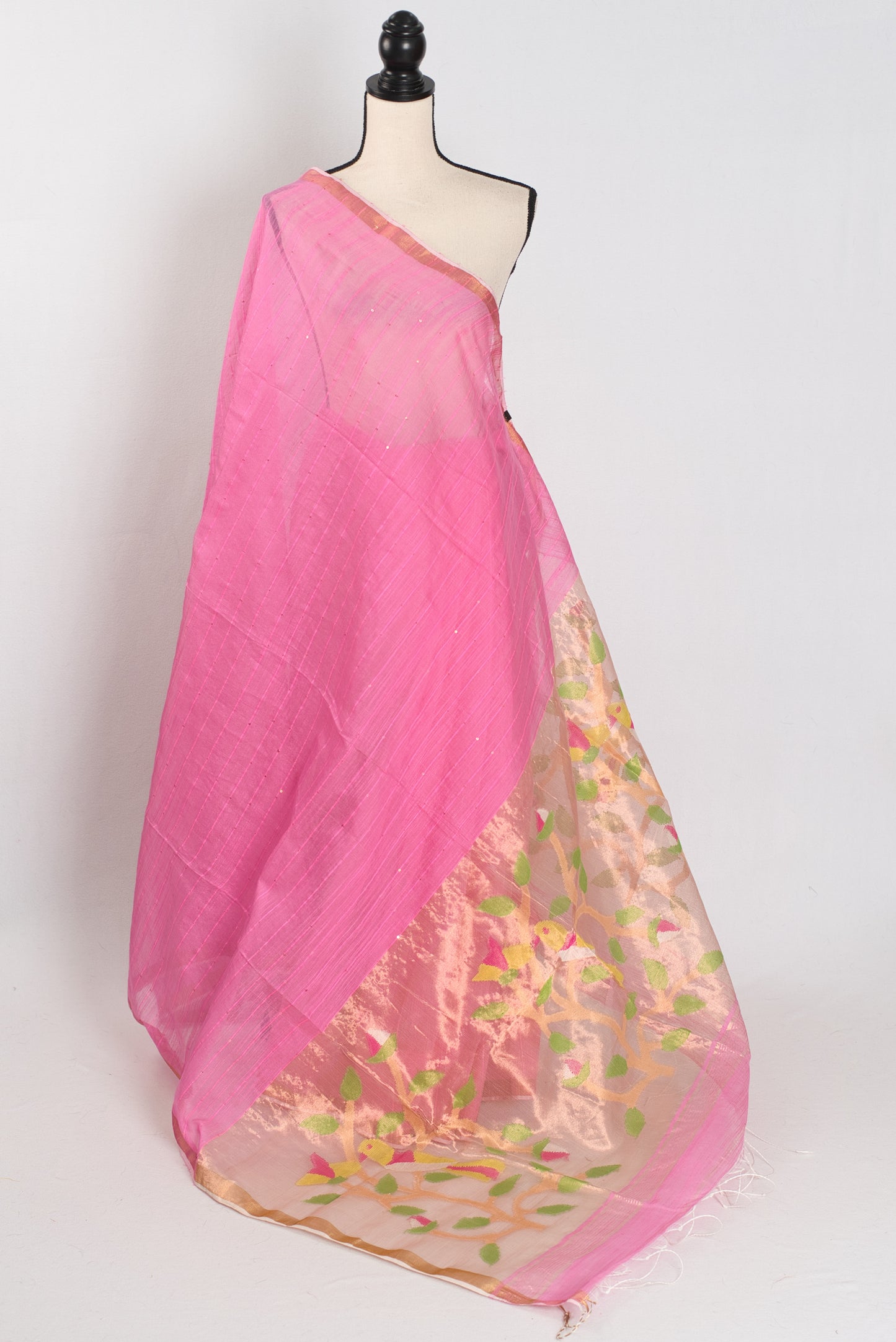 Bristi: Pink & Gold Muslin Cotton Jamdani Saree | Hand-Inspired Sequin Weaving image 1