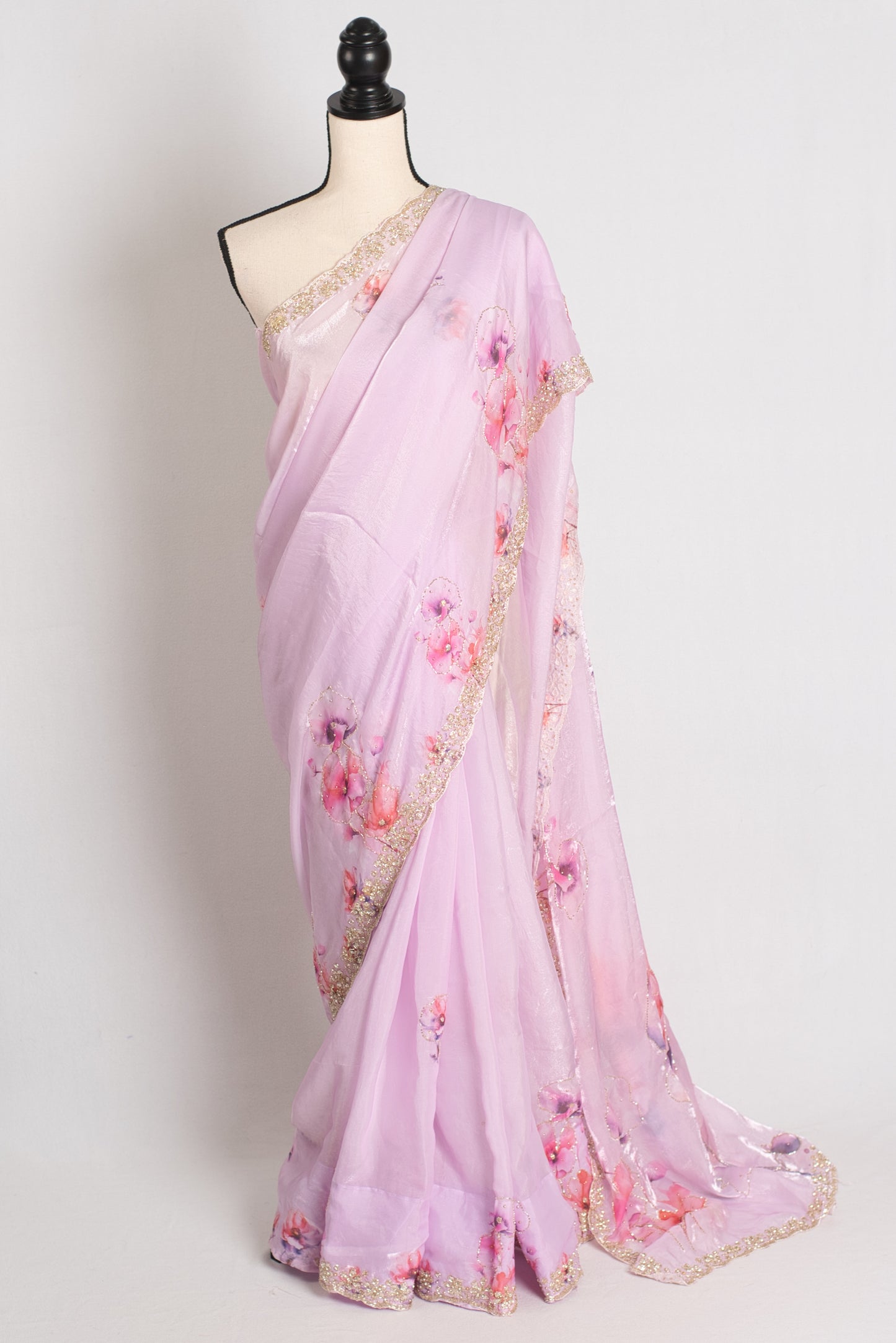 Ishq : Lavender Printed Glass Tissue Saree with Hand Embroidery Border image 0