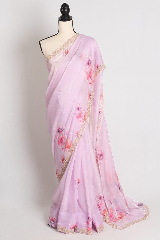 Ishq : Lavender Printed Glass Tissue Saree with Hand Embroidery Border image 0