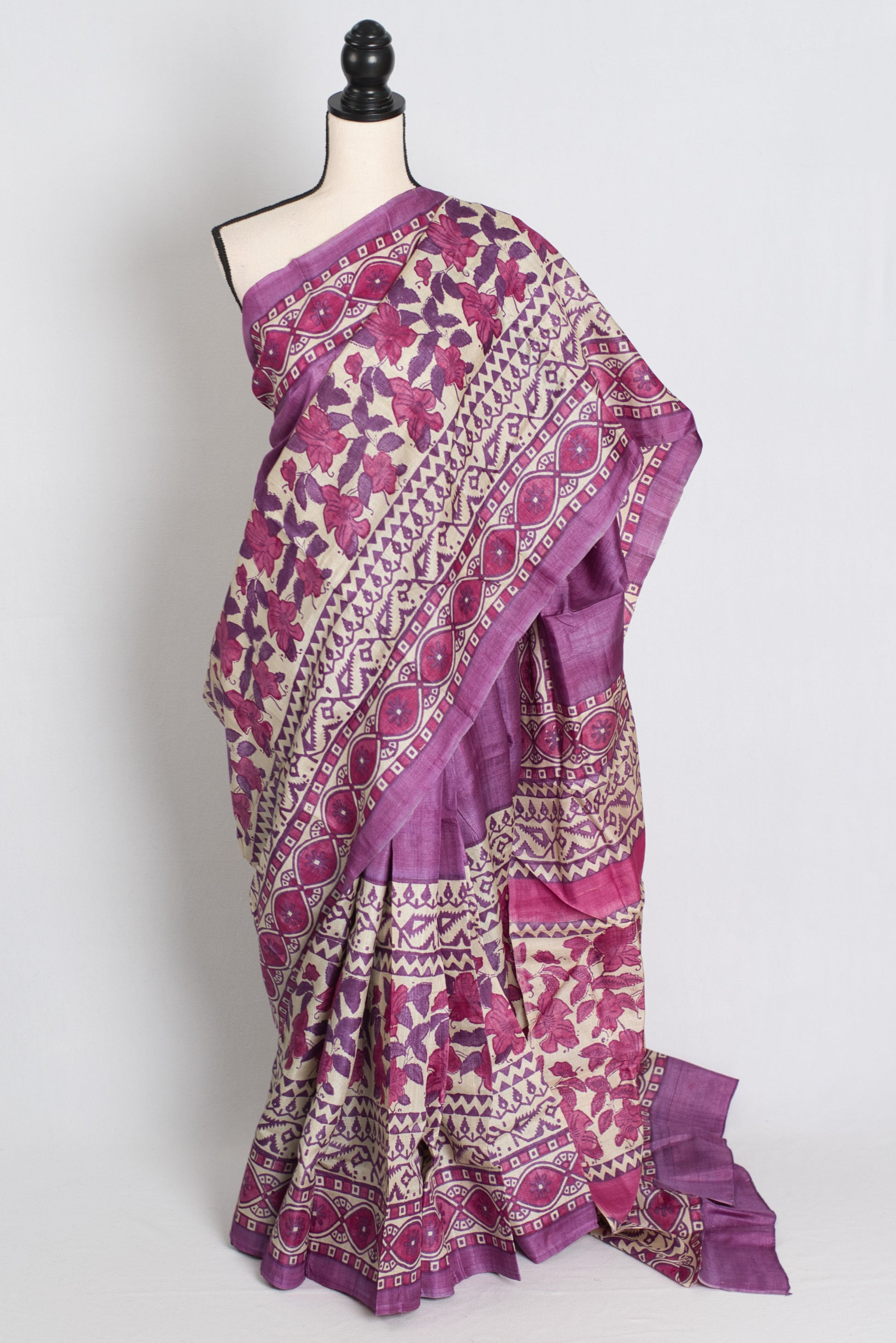 Girija : Premium Quality Hand Block Printed Lavender Tussar Silk Saree image 0