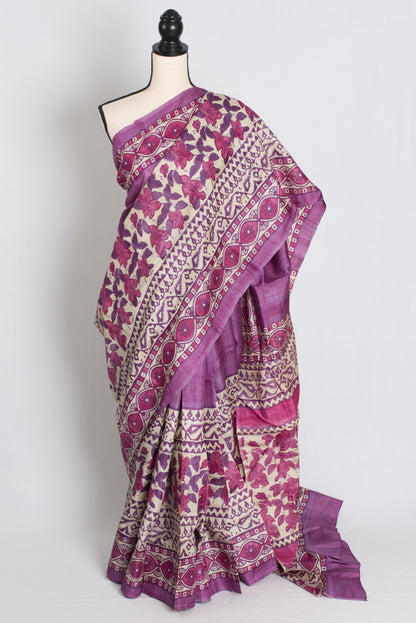 Girija : Premium Quality Hand Block Printed Lavender Tussar Silk Saree image 0
