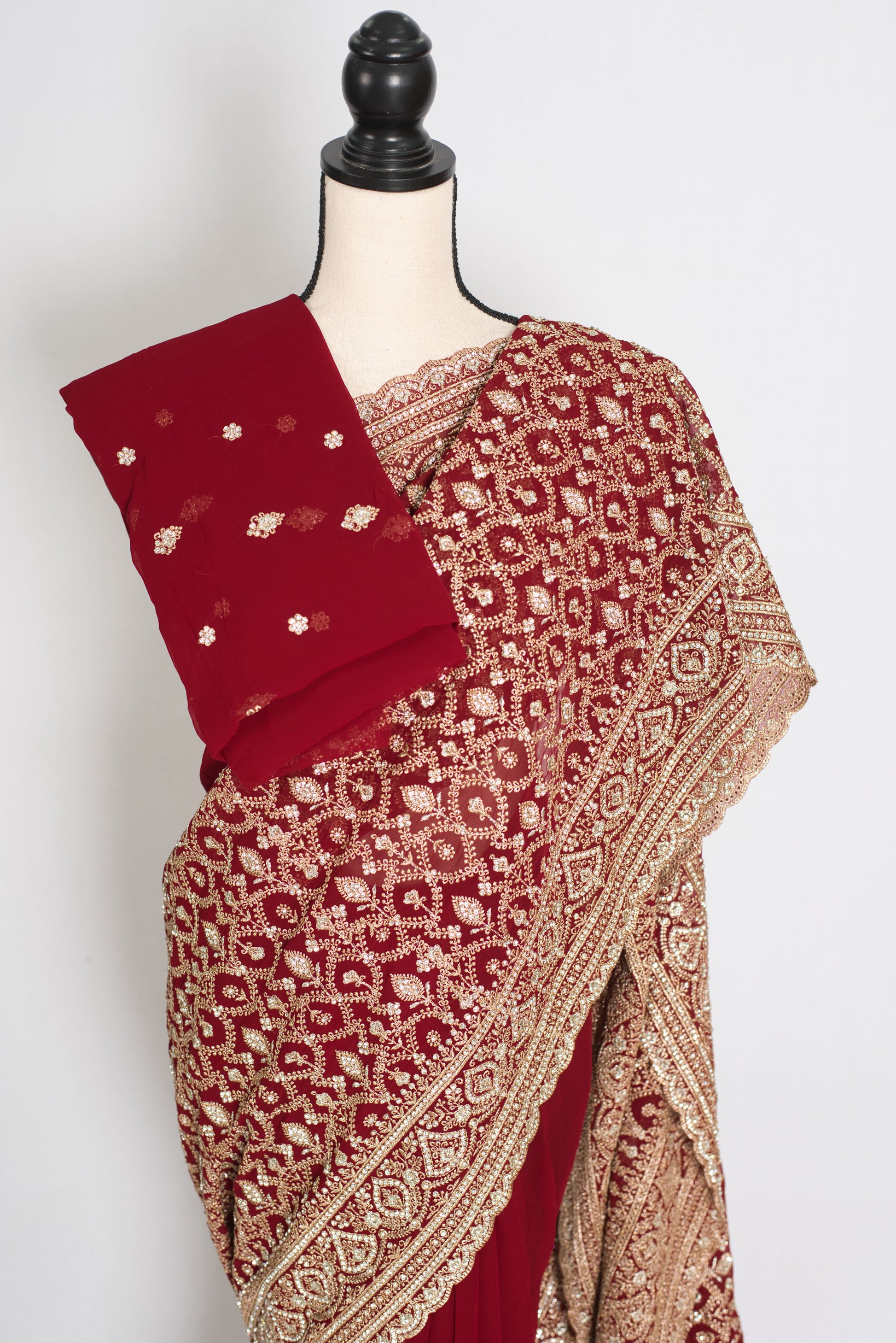 Mohey | Maroon and Gold Georgette Bridal Saree | Elegant Royal Festive Wear image 2