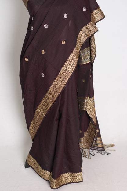 Gracy : Deep Coffee Brown Pure Cotton Assamese Handloom Saree image 5