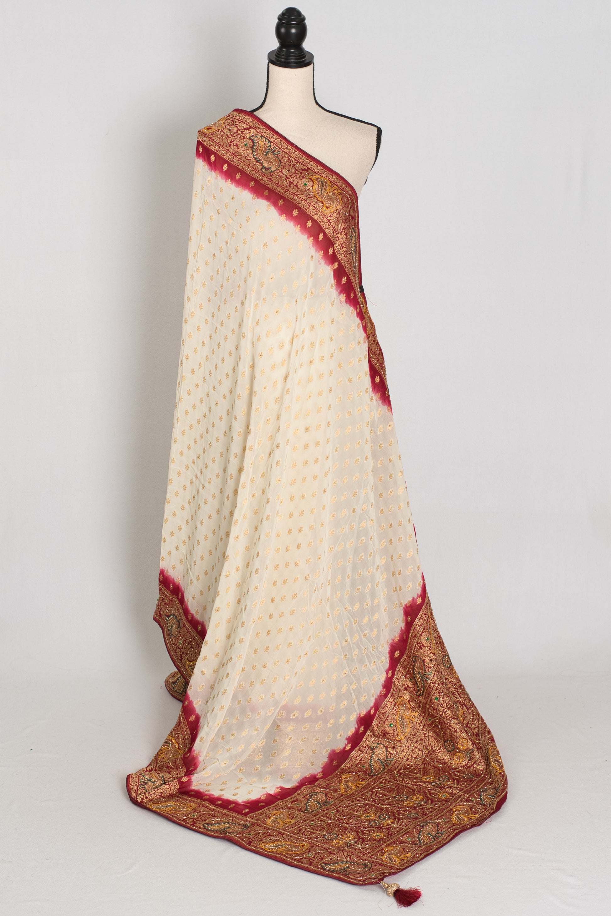 Jiya | Cream & Maroon Crepe Georgette Banarasi Saree | Traditional Bengali look image 1