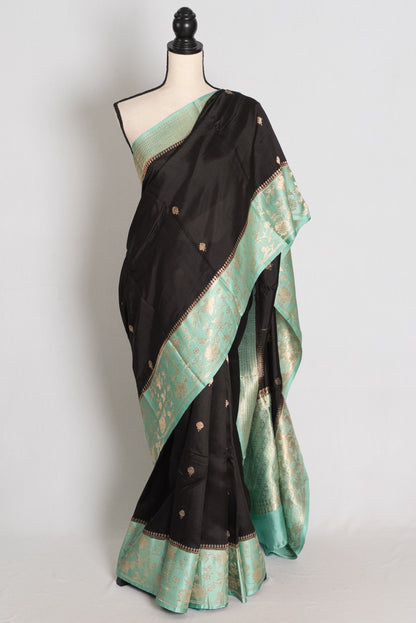 Jyothi : Jet Black & Pastel Sea Green Pure Satin Silk Banarasi Saree image 0