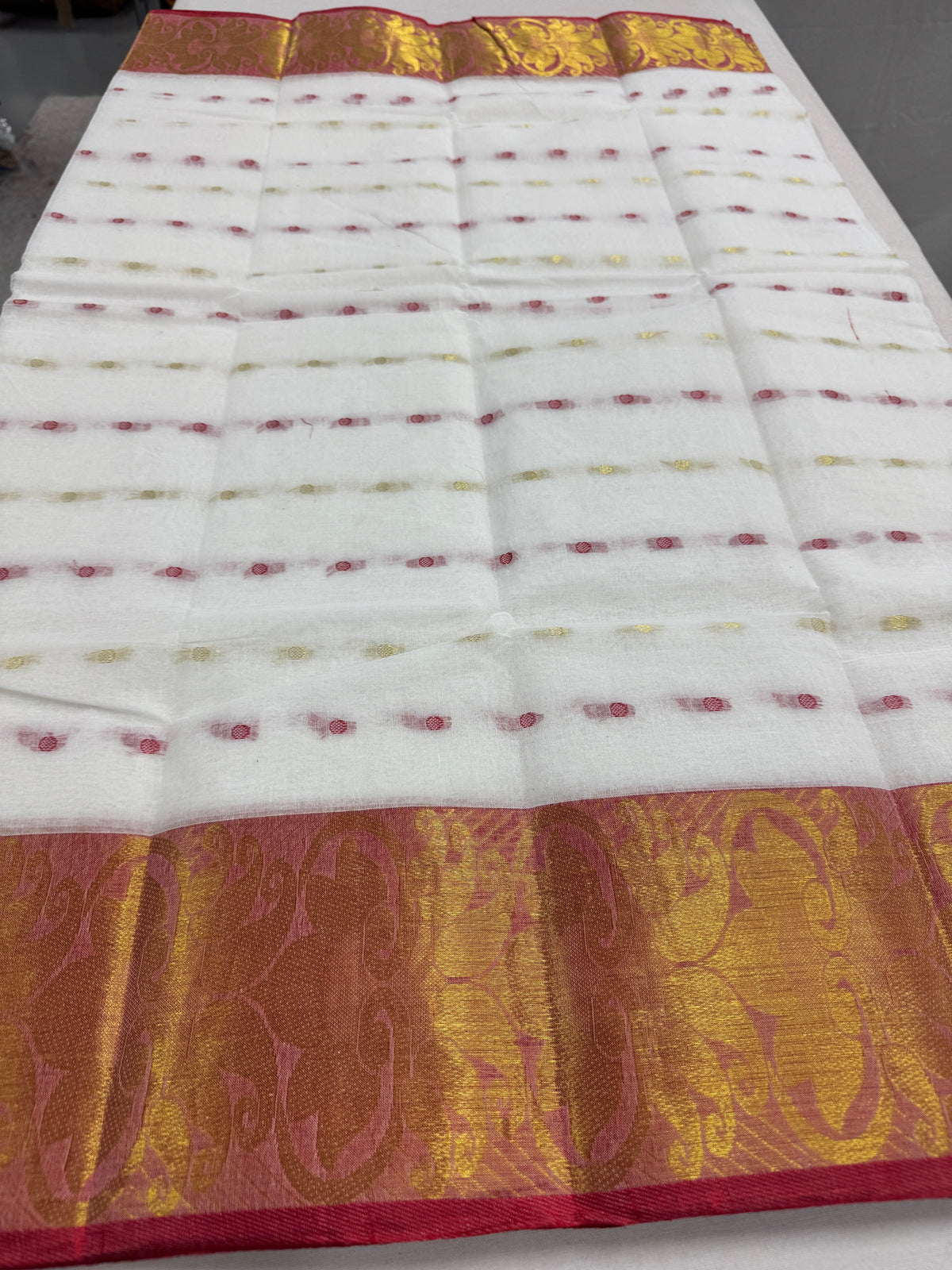 White and Red Tant saree — detail view